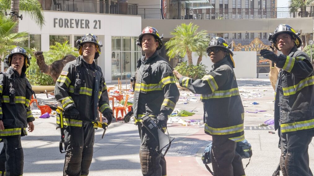 Kenneth Choi as Chimney, Ryan Guzman as Eddie, Peter Krause as Bobby, Aisha Hinds as Hen, and Oliver Stark as Buck in '9-1-1' Season 5 Episode 1 