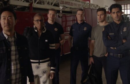 Kenneth Choi as Chimney, Aisha Hinds as Hen, Oliver Stark as Buck, Peter Krause as Bobby, Ryan Guzman as Eddie, and Anirudh Pisharody as Ravi in '9-1-1'