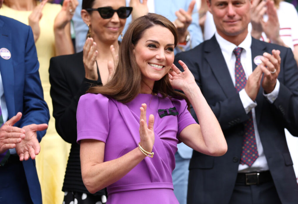 LONDON, ENGLAND - JULY 14: Catherine, Princess of Wales, Patron of The AELTC waves from the Royal Box ahead of the Gentlemen's Singles Final between Novak Djokovic of Serbia and Carlos Alcaraz of Spain during day fourteen of The Championships Wimbledon 2024 at All England Lawn Tennis and Croquet Club on July 14, 2024 in London, England. (Photo by Clive Brunskill/Getty Images)