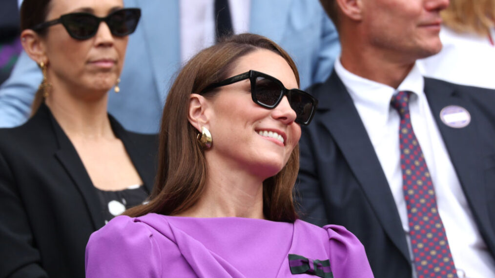 LONDON, ENGLAND - JULY 14: Catherine, Princess of Wales, Patron of The AELTC looks on in the Royal Box during the Gentlemen's Singles Final between Novak Djokovic of Serbia and Carlos Alcaraz of Spain during day fourteen of The Championships Wimbledon 2024 at All England Lawn Tennis and Croquet Club on July 14, 2024 in London, England. (Photo by Clive Brunskill/Getty Images)