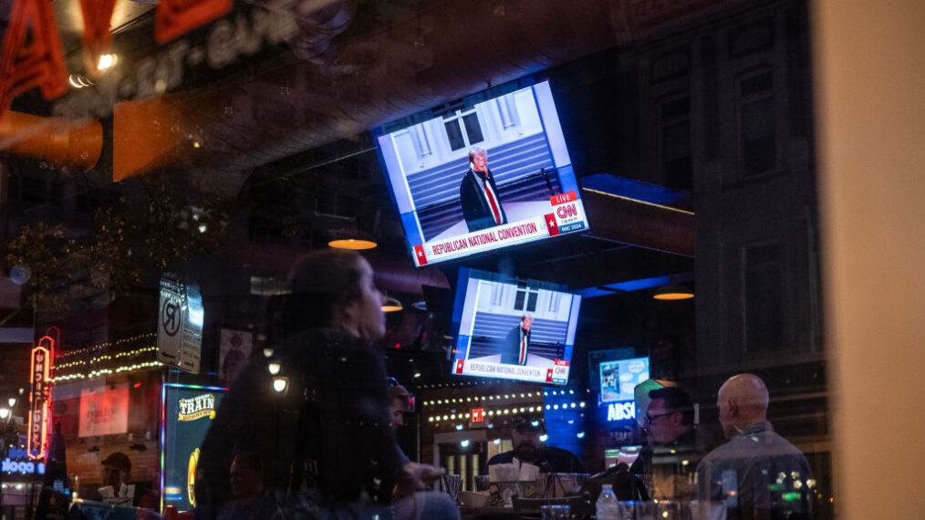 MILWAUKEE, WISCONSIN - July 18: People watch as Donald Trump's GOP candidate acceptance speech is broadcast inside a bar on the final night of the RNC on July 18, 2024 in Milwaukee, Wisconsin. Former President Trump officially accepted the Republican presidential nomination on the fourth day of the Republican National Convention at the Fiserv in Milwaukee. (Photo by Jim Vondruska/Getty Images)