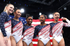 Jade Carey, Sunisa Lee, Simone Biles, Jordan Chiles and Hezly Rivera of Team United States celebrate during the Artistic Gymnastics Women's Team Final on day four of the Olympic Games Paris 2024 at Bercy Arena on July 30, 2024 in Paris, France.