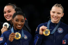 Silver medalists Elisa Iorio and Giorgia Villa of Team Italy and Gold medalists Simone Biles and Jade Carey of Team United States pose with their medals on the podium during the medal ceremony for the Artistic Gymnastics Women's Team Final on day four of the Olympic Games Paris 2024 at Bercy Arena on July 30, 2024 in Paris, France.