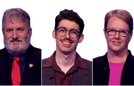 Jeopardy contestants Mike Ferguson, Isaac Hirsch, and Ashley Weaver