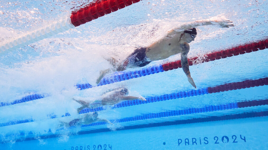 Caeleb Dressel of Team United States competes in the Men's 4x100m Freestyle Relay Final on day one of the Olympic Games Paris 2024 at Paris La Defense Arena on July 27, 2024 in Nanterre, France.