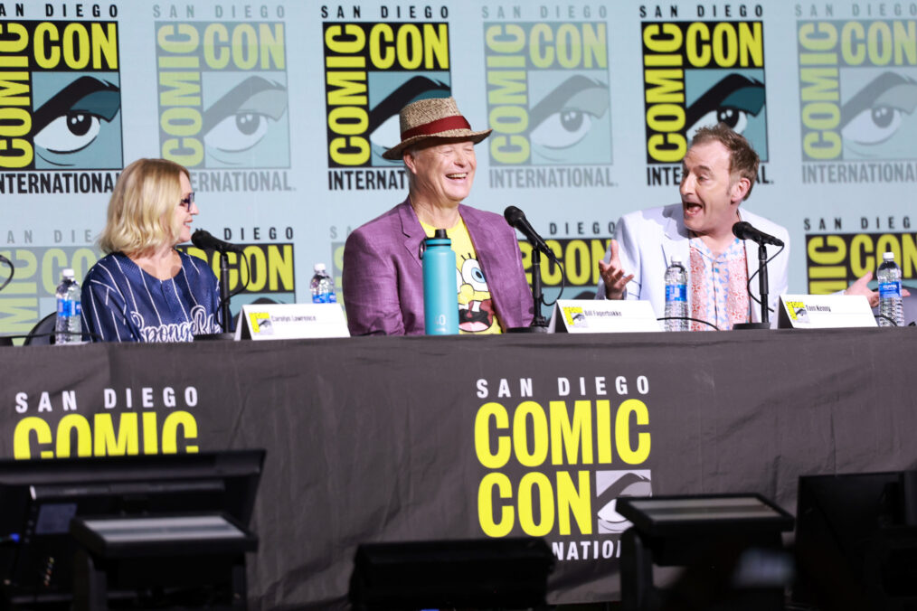 Carolyn Lawrence, Bill Fagerbakke and Tom Kenny speak onstage during the 