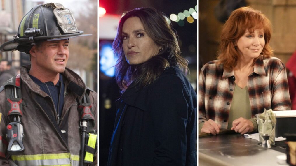 Taylor Kinney as Kelly Severide in 'Chicago Fire,' Mariska Hargitay as Captain Olivia Benson in 'SVU,' and Reba McEntire as Bobbie in 'Happy's Place'