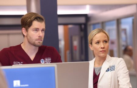 Luke Mitchell as Dr. Mitch Ripley, Jessy Schram as Dr. Hannah Asher in 'Chicago Med' Season 9 Episode 13 