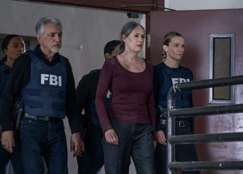 Aisha Tyler as Tara Lewis, Joe Mantegna as David Rossi, Paget Brewster as Emily Prentiss, and A.J. Cook as Jennifer “JJ” Jareau in 'Criminal Minds:Evolution' Season 17 Episode 10 "Save the Children"