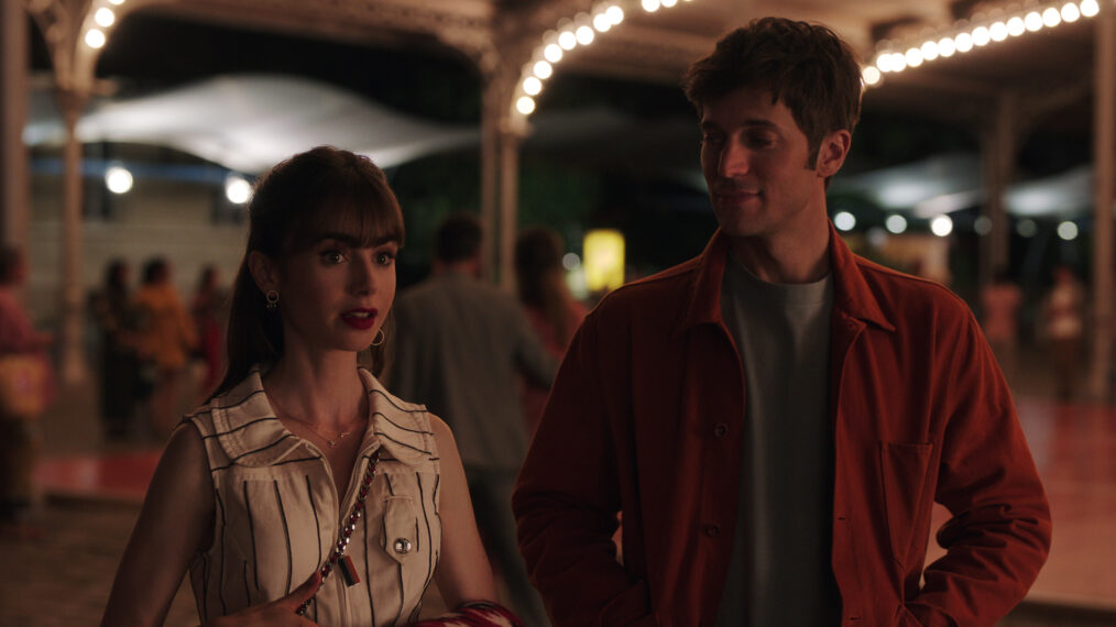 Lily Collins as Emily Cooper and Lucas Bravo as Gabriel in "Emily in Paris'