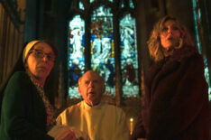 Andrea Martin as Sister Andrea, Wallace Shawn as Father Ignatious and Christine Lahti as Sheryl Luria appearing in Evil episode 8, season 4 'How to Save a Life'