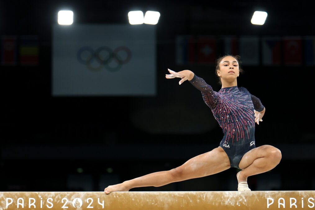 Hezly Rivera of Team United States practices on the balance beam during a Gymnastics training session in the Bercy Arena ahead of the Paris 2024 Olympic Games