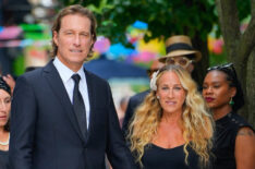 John Corbett and Sarah Jessica Parker on location for 'And Just Like That' on July 22, 2024 in New York City.