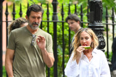 Jonathan Cake and Sarah Jessica Parker are seen on the set of 'And Just Like That...' Season 3 in Gramercy Park on August 01, 2024 in New York City.