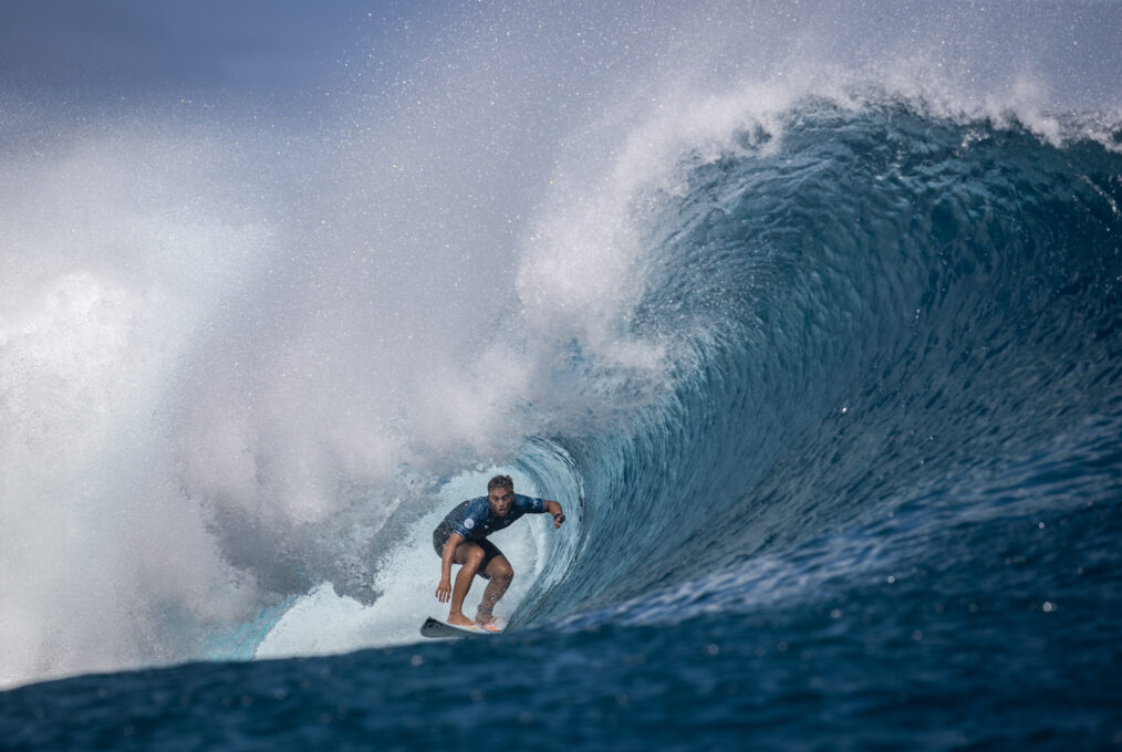 Kauli Vaast of France rides in a barrel wave on August 15, 2023 in Teahupo'o, French Polynesia. Teahupo'o has been hosting the WSL Tahiti Pro event for over two decades and will next year host the surfing event for the Paris 2024 Olympic Games