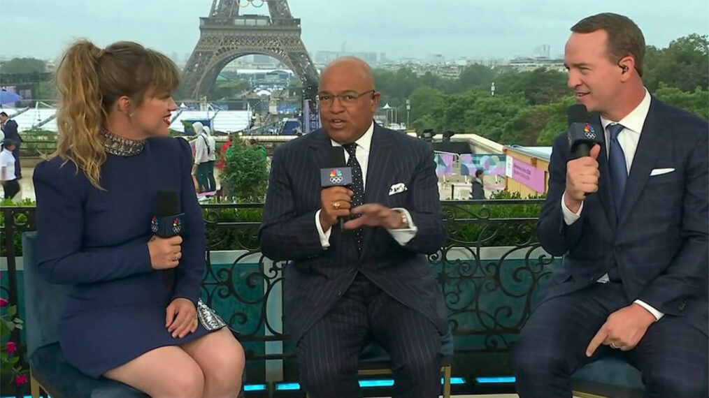 Kelly Clarkson, Mike Tirico, and Peyton Manning hosting the Paris 2024 Olympics opening ceremony