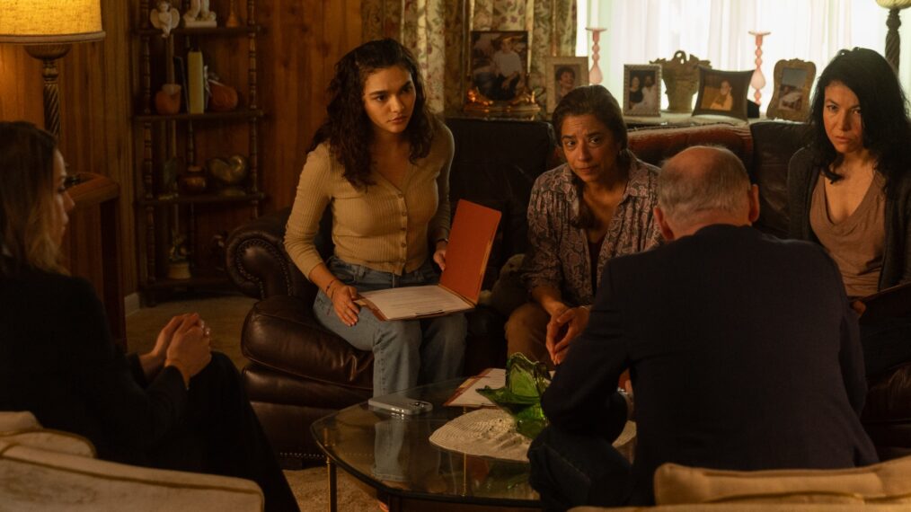 Kayla Wallace as Rebecca Savage, Paulina Chavez as Ariana, and Colm Feore as Nathan in season 1, episode 6 of 'Landman'