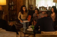 Kayla Wallace as Rebecca Savage, Paulina Chavez as Ariana, and Colm Feore as Nathan in season 1, episode 6 of 'Landman'