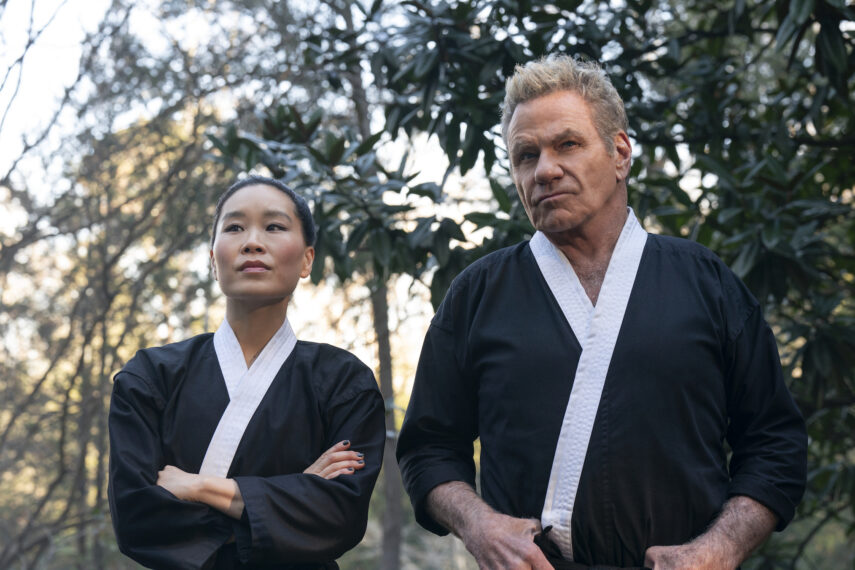 (L to R) Alicia Hannah-Kim as Kim Da-Eun, Martin Kove as John Kreese in 'Cobra Kai'