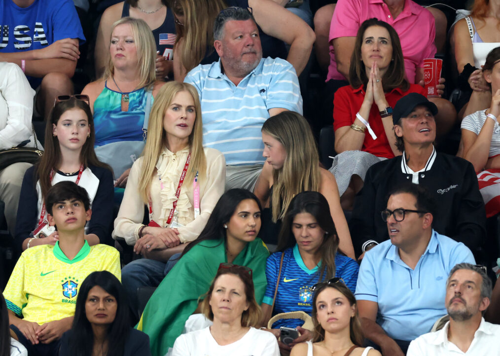 Nicole Kidman, Keith Urban and children are seen during the Artistic Gymnastics Women's Team Final on day four of the Olympic Games Paris 2024 at Bercy Arena on July 30, 2024 in Paris, France.