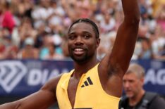 Noah Lyles of the United States celebrates winning the mens 100m final during the London Athletics Meet