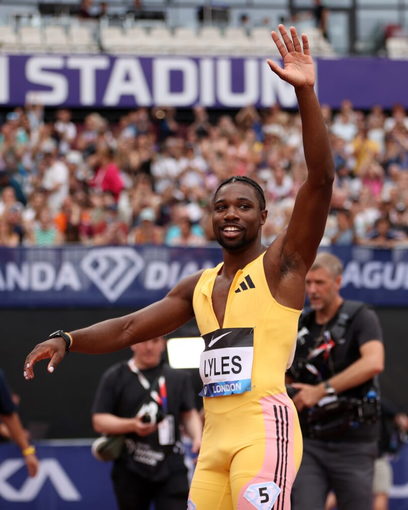 Noah Lyles of the United States celebrates winning the mens 100m final during the London Athletics Meet