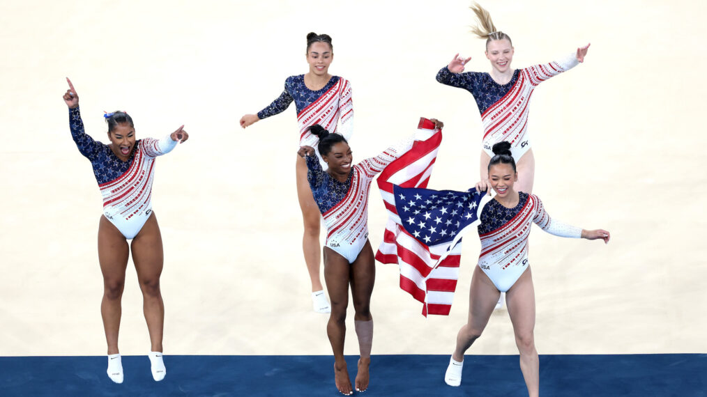 Jordan Chiles, Hezly Rivera, Simone Biles, Sunisa Lee and Jade Carey of Team United States celebrate after winning the gold medals during the Artistic Gymnastics Women's Team Final on day four of the Olympic Games Paris 2024 at Bercy Arena on July 30, 2024 in Paris, France.