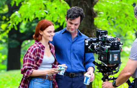 Madeline Brewer and Penn Badgley are seen on the film set of the 'You' in Central Park, Manhattan on July 15, 2024 in New York City.