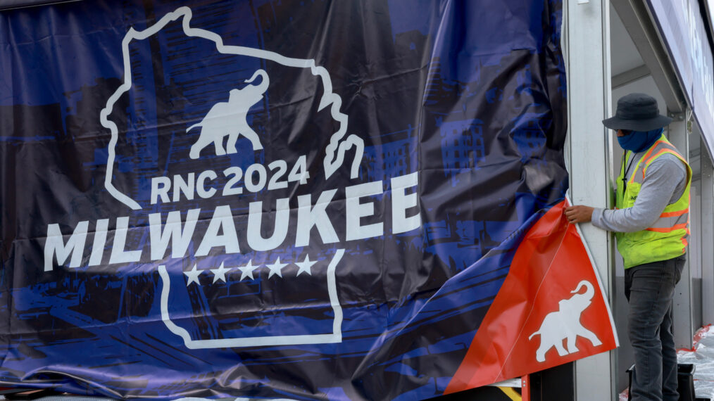 A worker helps prepare the Fiserv Forum for the start of the Republican National Convention on July 11, 2024, in Milwaukee, Wisconsin