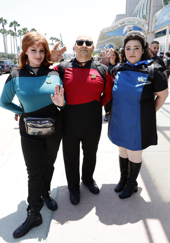 Star Trek cosplayers pose during 2024 Comic-Con International on July 25, 2024 in San Diego, California..