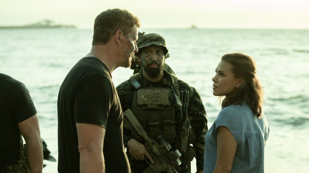 David Boreanaz as Jason Hayes, Neil Brown Jr. as Ray Perry and Toni Trucks as Lisa Davis in 'SEAL Team' Season 7 Episode 9 