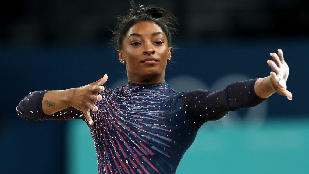 Simone Biles of Team United States practices during a Gymnastics training session in the Bercy Arena ahead of the Paris 2024 Olympic Games