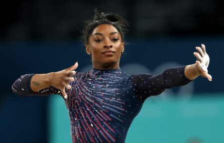 Simone Biles of Team United States practices during a Gymnastics training session in the Bercy Arena ahead of the Paris 2024 Olympic Games