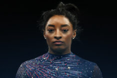 Simone Biles of Team United States looks on during a Gymnastics training session in the Bercy Arena ahead of the Paris 2024 Olympic Games on July 25, 2024 in Paris, France.