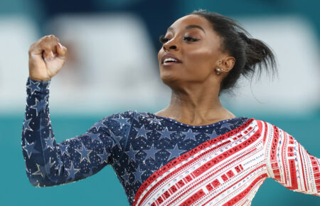 Simone Biles of Team United States competes in the floor exercise during the Artistic Gymnastics Women's Team Final on day four of the Olympic Games Paris 2024 at Bercy Arena on July 30, 2024 in Paris, France.