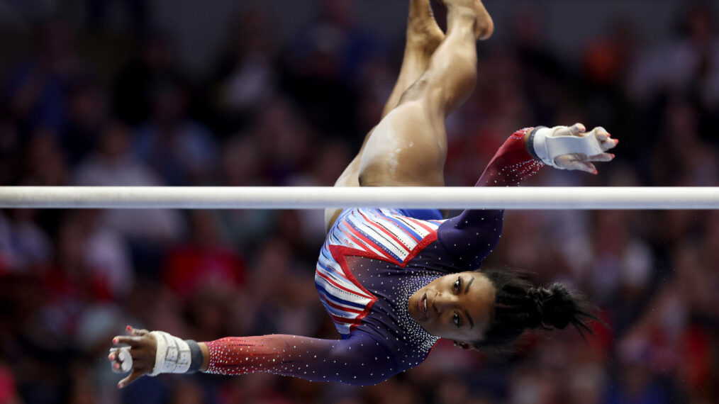 Simone Biles competes on the uneven bars on Day Four of the 2024 U.S. Olympic Team Gymnastics Trials at Target Center on June 30, 2024 in Minneapolis, Minnesota.