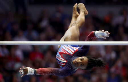 Simone Biles competes on the uneven bars on Day Four of the 2024 U.S. Olympic Team Gymnastics Trials at Target Center on June 30, 2024 in Minneapolis, Minnesota.