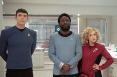 Ethan Peck as Spock, Babs Olusanmokun as M'Benga, and Carol Kane as Pelia in 'Star Trek: Strange New Worlds' Season 3 Episode 8