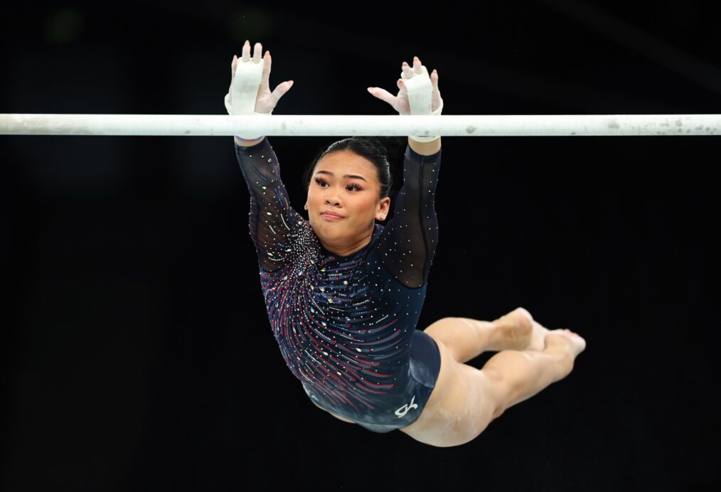 Sunisa Lee of Team United States practices on the uneven bars during a Gymnastics training session in the Bercy Arena ahead of the Paris 2024 Olympic Games