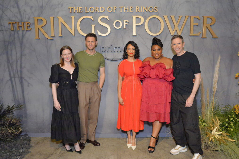 Morfydd Clark, Charlie Vickers, Cynthia Addai-Robinson, Sophia Nomvete and Daniel Weyman attend The Lord Of The Rings: The Rings Of Power SDCC Press Preview Event at Venue 808