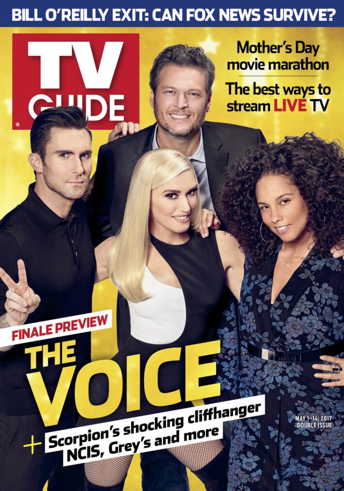 Adam Levine, Gwen Stefani, Blake Shelton, and Alicia Keys on 'The Voice' TV Guide Magazine cover May 2017