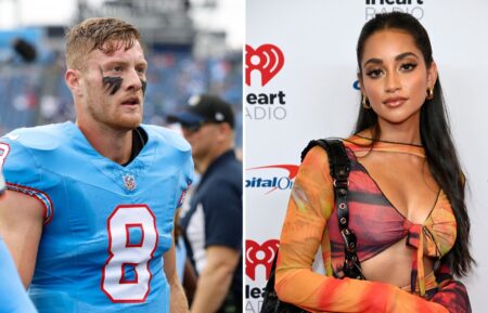 Will Levis #8 of the Tennessee Titans looks on before the game against the Atlanta Falcons at Nissan Stadium on October 29, 2023 in Nashville, Tennessee; Victoria Fuller arrives at the 2022 iHeartRadio Music Festival at T-Mobile Arena on September 23, 2022 in Las Vegas, Nevada.