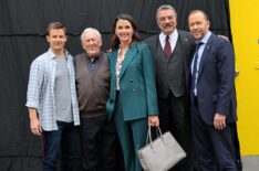 Will Estes, Len Cariou, Bridget Moynahan, Tom Selleck and Donnie Wahlberg are seen on the set of 'Blue Bloods' in Greenpoint, Brooklyn