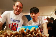 Former champion Takeru Kobayashi and reigning champion Joey Chestnut look on at the Nathan's Famous Fourth of July International Hot Dog Eating Contest official weigh-in ceremony July 2, 2009 in New York City. Chestnut defeated arch rival Kobayashi of Japan in an overtime battle last year by consuming 64 hot dog