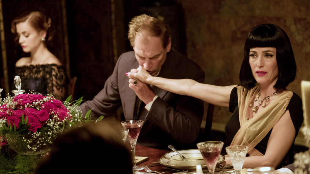 CROOKED HOUSE, from left, Stefanie Martini, Julian Sands, Gillian Anderson, 2017. ph: Nick Wall. ©Vertical Entertainment/courtesy Everett Collection