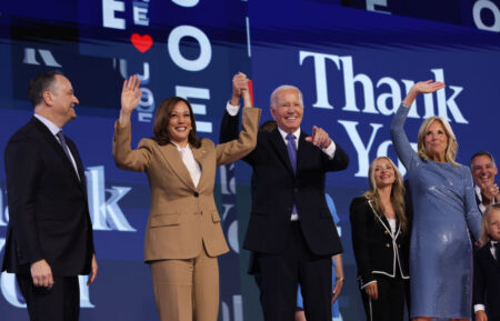 Second Gentleman Doug Emhoff, Democratic presidential candidate, U.S. Vice President Kamala Harris, U.S. President Joe Biden and First Lady Jill Biden appear onstage during the first day of the Democratic National Convention at the United Center on August 19, 2024 in Chicago, Illinois.