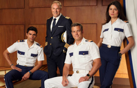 Sean Teale as Tristan, Don Johnson as Captain Massey, Joshua Jackson as Dr. Max Bankman, and Phillipa Soo as Avery in Doctor Odyssey