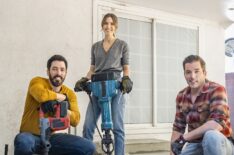 Mandy Moore, alongside Drew and Jonathan Scott, as they demo the outdoor patio area for Mandy’s longtime friend Celina