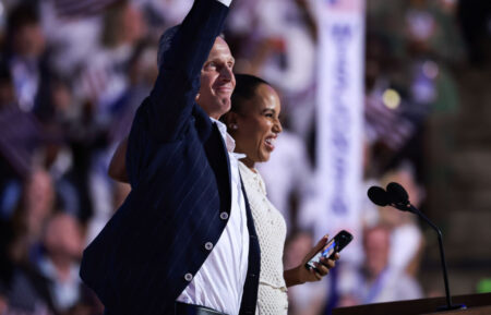 Actors Tony Goldwyn and Kerry Washington take a video on stage during the final day of the Democratic National Convention at the United Center on August 22, 2024 in Chicago, Illinois. Delegates, politicians, and Democratic Party supporters are gathering in Chicago, as current Vice President Kamala Harris is named her party's presidential nominee. The DNC takes place from August 19-22. (Photo by Joe Raedle/Getty Images)