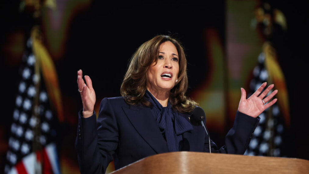 Democratic presidential candidate U.S. Vice President Kamala Harris speaks on stage during the final day of the Democratic National Convention at the United Center on August 22, 2024 in Chicago, Illinois. Delegates, politicians, and Democratic Party supporters are gathering in Chicago, as current Vice President Kamala Harris is named her party's presidential nominee. The DNC takes place from August 19-22